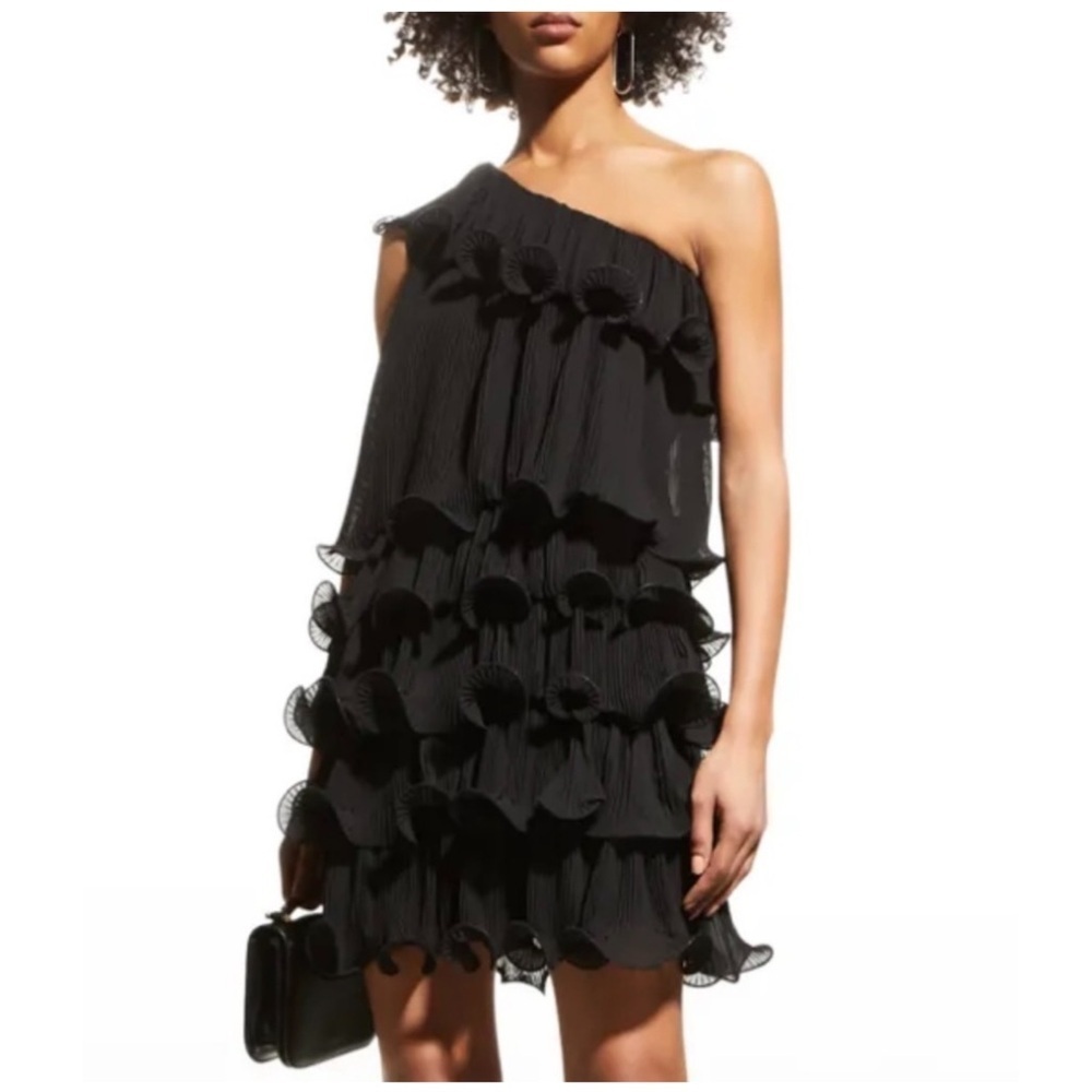 Milly | Blakely One Shoulder Tiered Ruffled LBD Mini Dress Black | 6